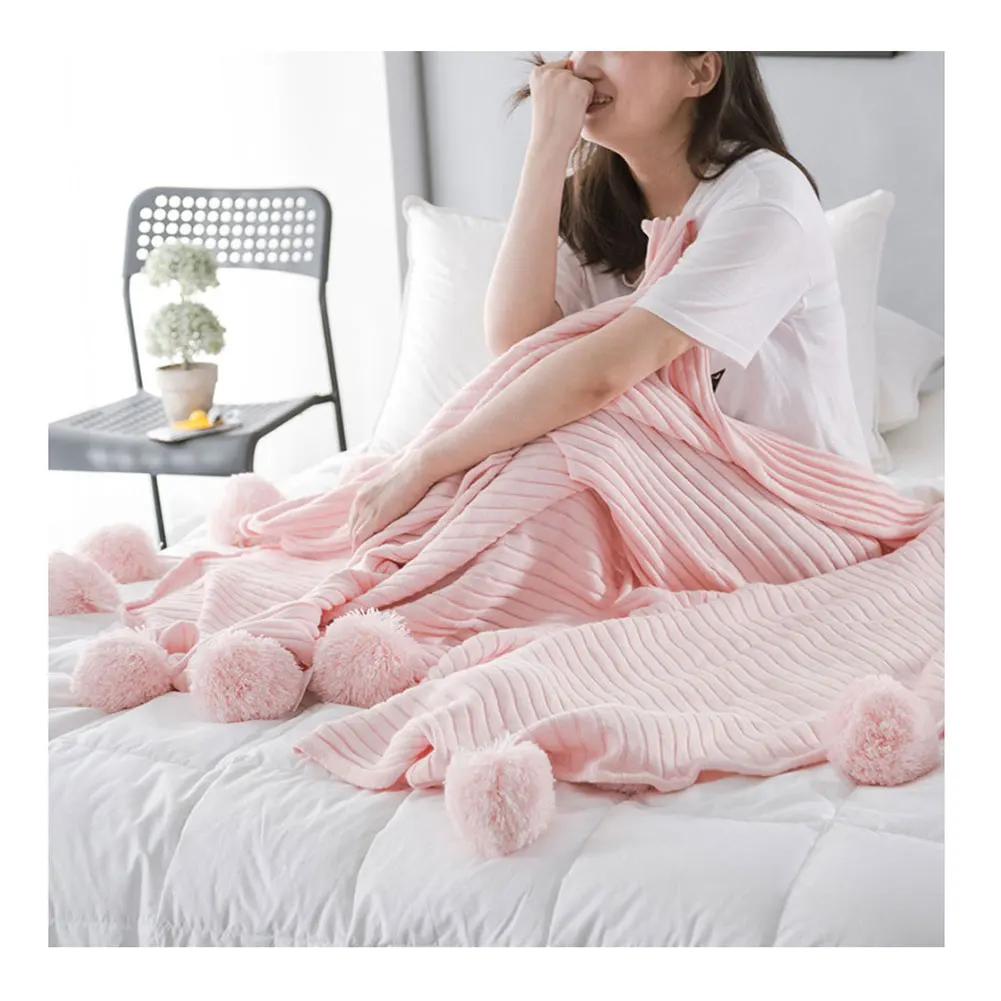 Pink 90cmx90cm Soft Cotton Blanket Adorable Hair Ball Blanket Home Bedroom Knitted Blankets OCT998 - Цвет: Pink 90cmx90cm