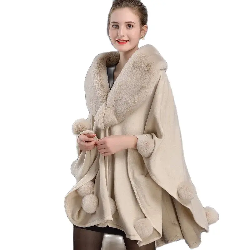 

Z055 European and American Imitation Rex Rabbit Fur Cloak Big Fur Collar Luxury Lady Shawl Women Cape Coat Poncho