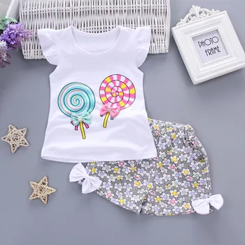 

2PCS Girls Lollipop T-shirt Floral Shorts Set Fashionable Comfortable Toddler Kids Baby Girl Clothing Set Lollipop T-shirt S4
