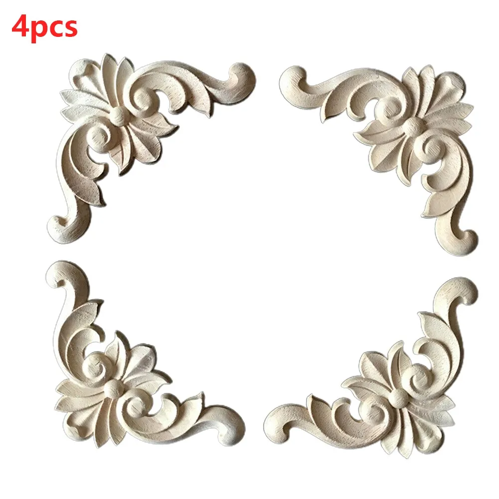 4pcs Wooden Carved Corner Onlay Furniture Wood Applique Mouldings Decal DIY Home Decor Decorate Board Cabinets Furiture