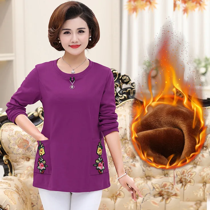 velvet rose 8291 warm tops fall winter women thick long sleeves t-shirts velvet jersey plus size middle age mother shirt pulloves bottoming shirt - Цвет: velvet rose 8291
