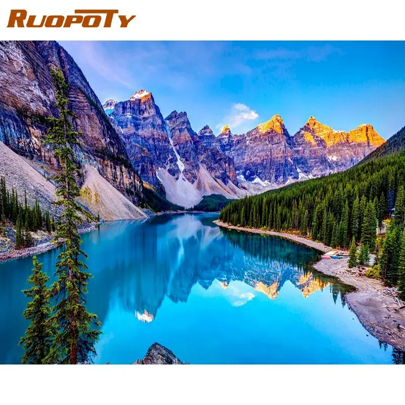 

RUOPOTY Frame DIY Painting By Numbers Mountains rivers Landscape Wall Art Picture Acrylic Home Decors Artwork Diy Gift