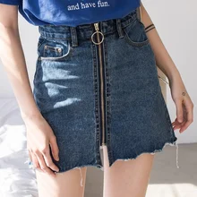 Летняя джинсовая юбка с высокой талией Женская Повседневная мини-юбка на молнии Школьная Универсальная джинсовая юбка с карманами