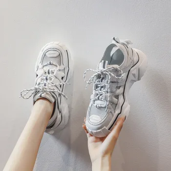 

CINESSD Leather Med Heels Platform Shoes Women Sneakers 2020 Summer White Shoes Woman Sneakers Fashion Casual Sneaker Ladies New