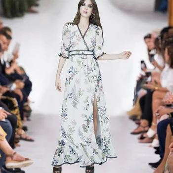 

Women slit sexy dress new 2020 summer floral print chiffon ruffles hem flare sleeve black lace trim maxi beach dresses