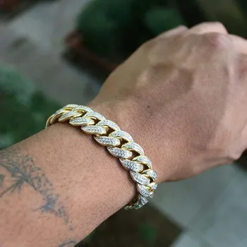 

Hip Hop Bling Men's Rapper Bracelet Full Rhinestone Pave Gold Color Miami Cuban Link Chain Bracelets for Men Jewelry
