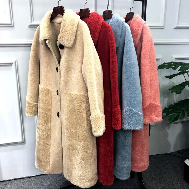 Женское зимнее пальто, высококачественное пальто из искусственного меха, оторочка из овечьей шерсти, куртка, Женское шерстяное пальто, повседневное длинное пальто большого размера