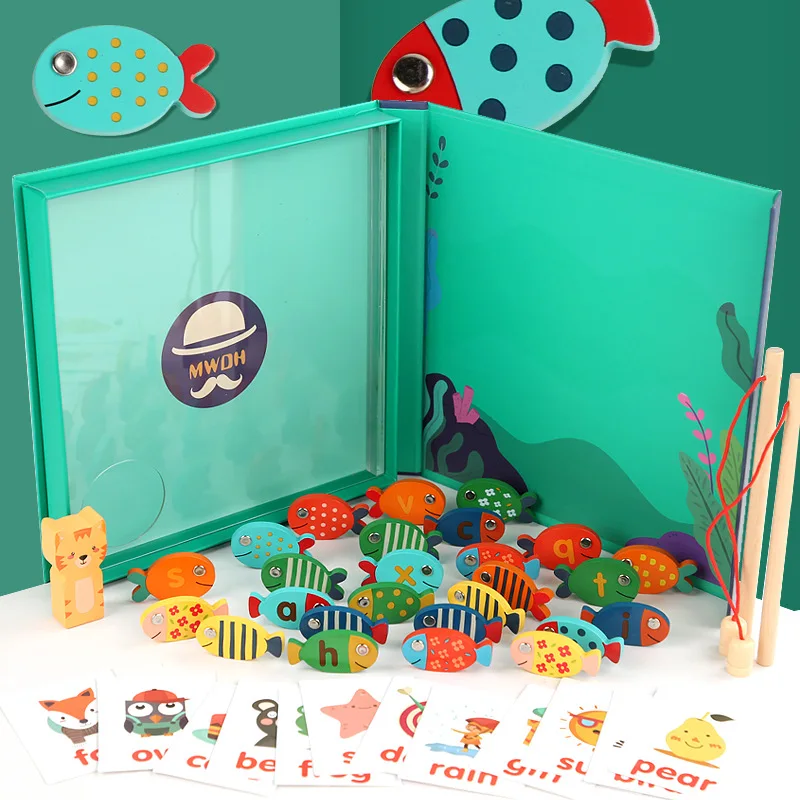 New Wooden Magnetic Fishing Game Letter Spelling Cognition Fish Rod Toys  for Children Early Educational Interactive Montessori - AliExpress