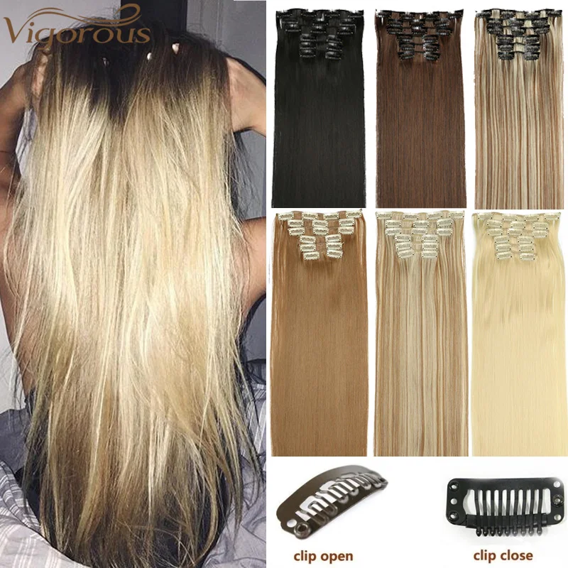 

Vigorous 16 Clips 6Pcs/Set Silky Straight Synthetic Clip in Hair Extensions for Women False Hairpiece Heat Resistant 22 Inches