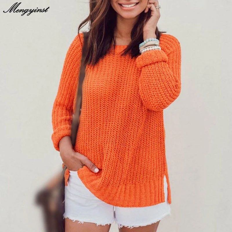 

Sweater Women 2020 Autumn Winter Loose Casual Solid Color Sweater Long-sleeved Round Neck Knitted Women Split Pullovers Sweater