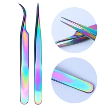 2Pcs Electroplating Metal Tweezers Rainbow Straight And Curved Tweezer Rhinestones Sticker Picker for Nail Art Manicure Tool