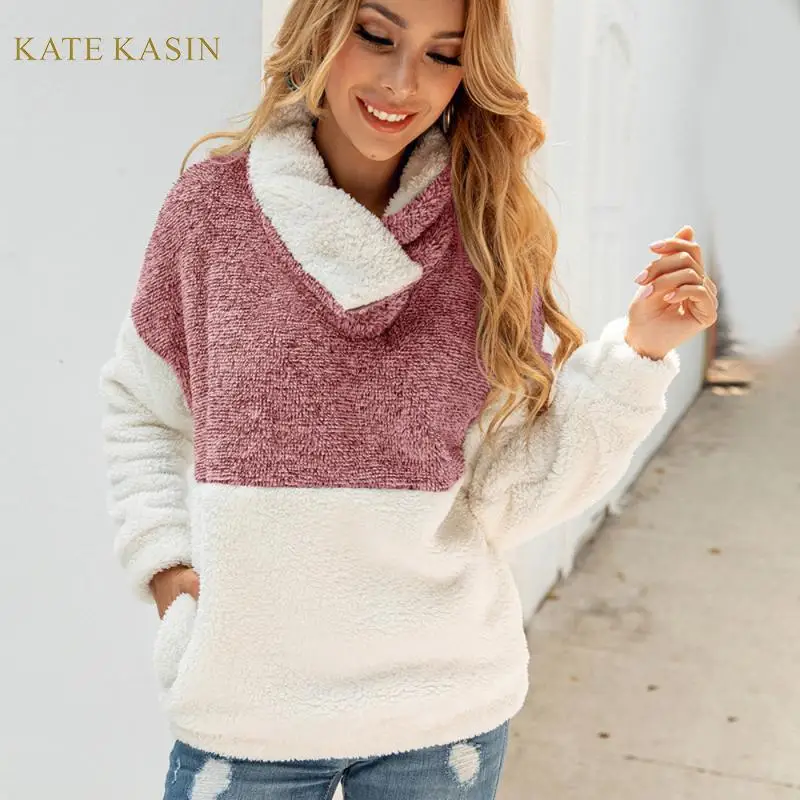 

Kate Kasin Autumn Winter Fluffy Teddy Pulllover Sweatshirt Women's Casual Long Sleeve Sweatshirt With Pocket Lamb Pullover Tops