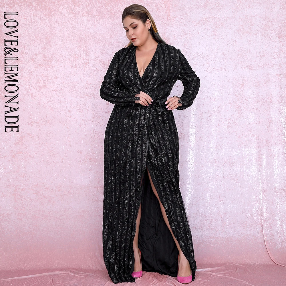 

LOVE&LEMONADE PLUS SIZE Sexy Black Deep V-neck Stripes glitter glued Cross maxi Dresses LM6546PLUS Autumn/Winter