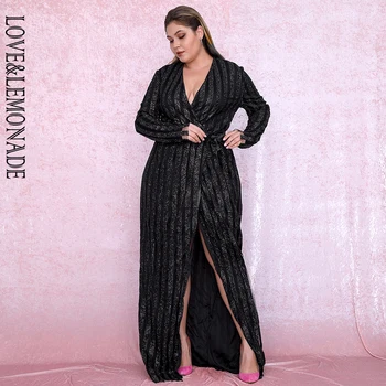 

LOVE&LEMONADE PLUS SIZE Sexy Black Deep V-neck Stripes glitter glued Cross maxi Dresses LM6546PLUS