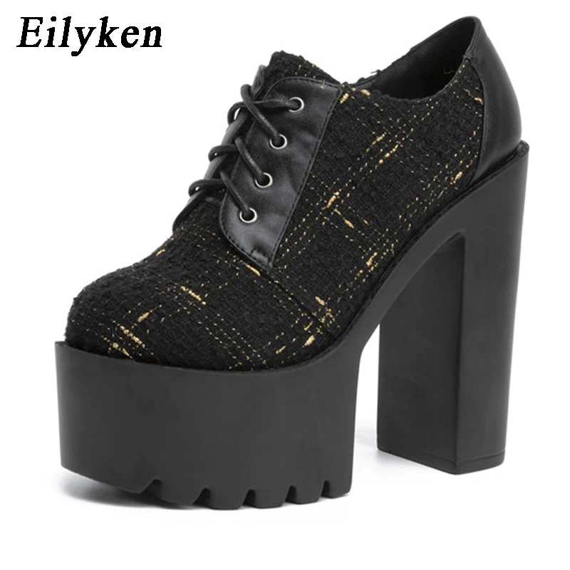 Black Eilyken/ дизайн; цвет белый, черный; повседневная обувь на высоком каблуке в клетку; Модные женские мотоботы с круглым носком, на шнуровке, на платформе, на толстом каблуке - Цвет: Black