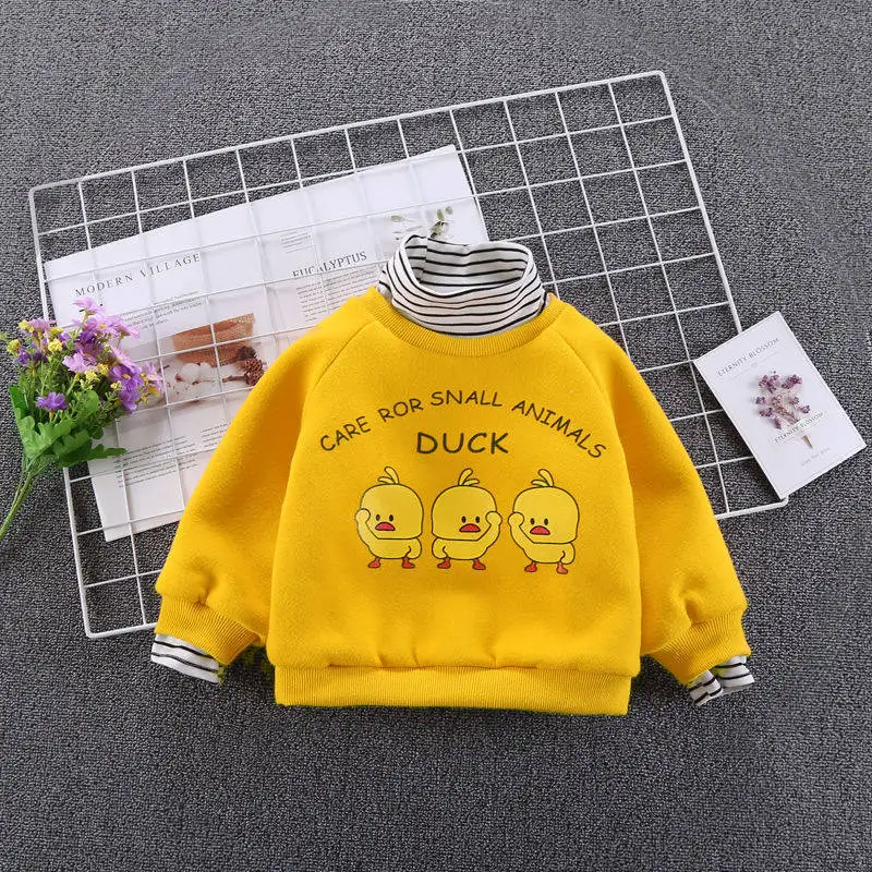 yellow Baby clothes girl long sleeve cartoon flower duck baby girl sweater top winter warm plus velvet kids clothes pullover - Цвет: yellow