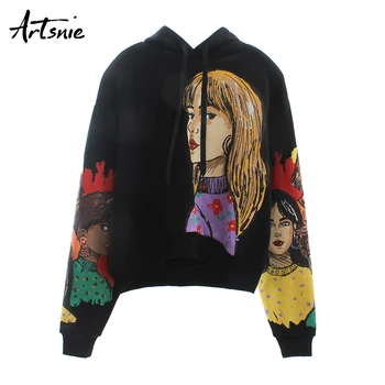 

Artsnie character print black women sweatshirt casual hoodies long sleeve streetwear casual knitted winter sweatshirts female