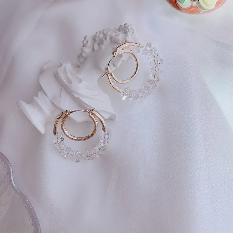 Korean Simple Exquisite Transparent Crystal Beaded Double Metal Circle Earrings Temperament Sweet Girl Women Jewelry Accessories