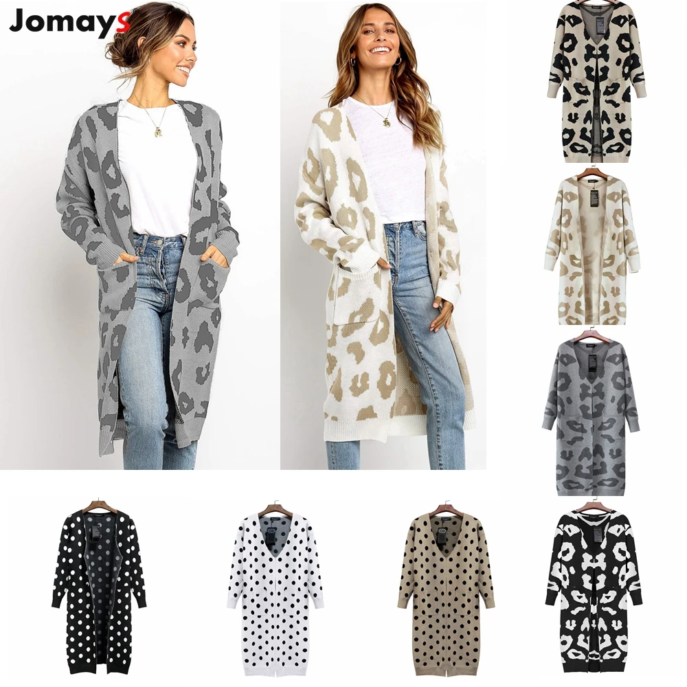 

Jomays Women Cardigans Long Sweaters Loose Knitted Sweater Outwear Coats With Pocket Leopard Pint Dots Knitting Cardigan Femme