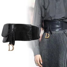 

runway designer fashion PU leather black belt letter D elastic stretch waistband pocket wide dress belts Girdl women chic