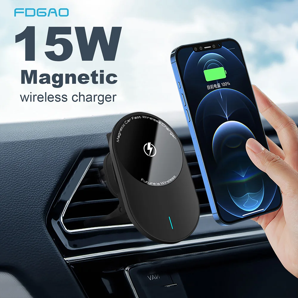 15W Magnetic Wireless Car Charger Mount for iPhone 12 Pro Max Mini 11 XS XR X 8 Samsung S21 S20 QC Qi Fast Charging Phone Holder