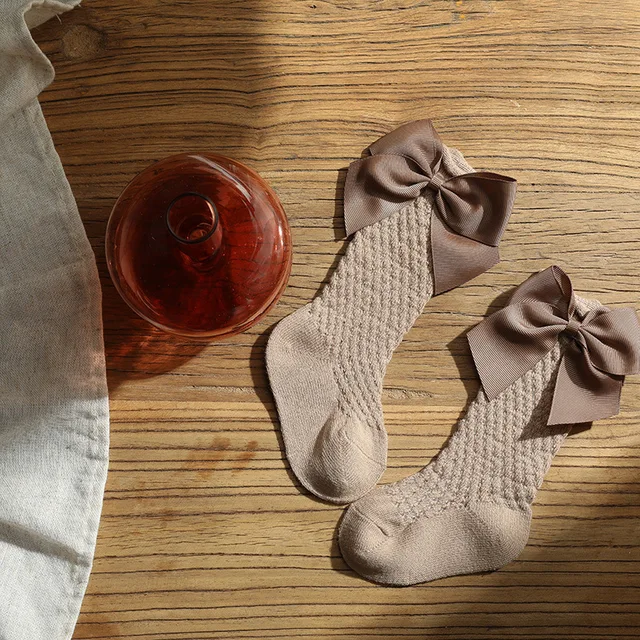Children Big Bow Socks Kids Girls Princess Toddlers Long Knee High Socks Hollow Out Baby Floor Spanish Pineapple Style Socken Coffee