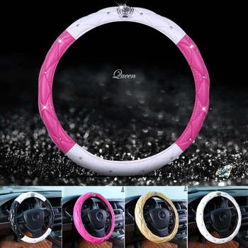 

PU Leather Diamond Pink Steering Wheel Cover for Women Girls Lady Luxury Crown Rhinestones Soft Car Wheel Cover Universal 38cm