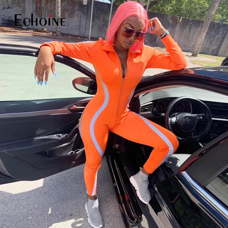 

Sexy Waist Reflective Patchwork Long Jumpsuit Women's Long Sleeve Zipper Bodysuit Black Gray Skinny Women Streetwear Overalls
