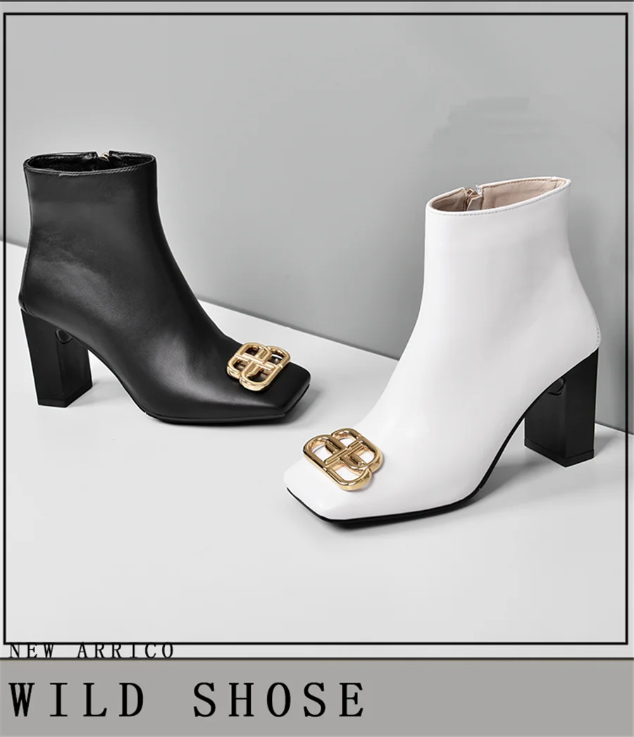 Европейский и американский стиль Материал: Воловья кожа металлические декоративные ботиночки с квадратным носком на молнии модные женские ботинки