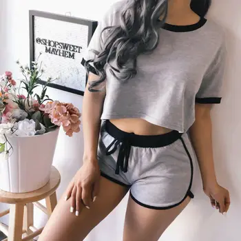 

Women Summer Cotton 2pcs Tracksuit Crop Top+Short Pants Set Sport Jogging Wear Casual Suit Round Neck Pullover