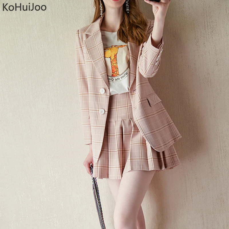 

KoHuiJoo Ladies Skirt Suits Elegant Sweet Long SLeeve Plaid Blazer and Pleated Skirt Sets Women 2 Pieces Sexy Two Piece Suit