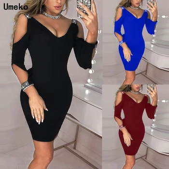 

Umeko 2020 New sexy black club dress women solid v-neck skinny mini Sequins dresses elegant for female robe femme vestidos