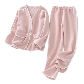 

Japanese sweet v-neck pajamas sets women winter keep warm scuba 100% cotton sleepwear women long sleeve quality pyjamas women