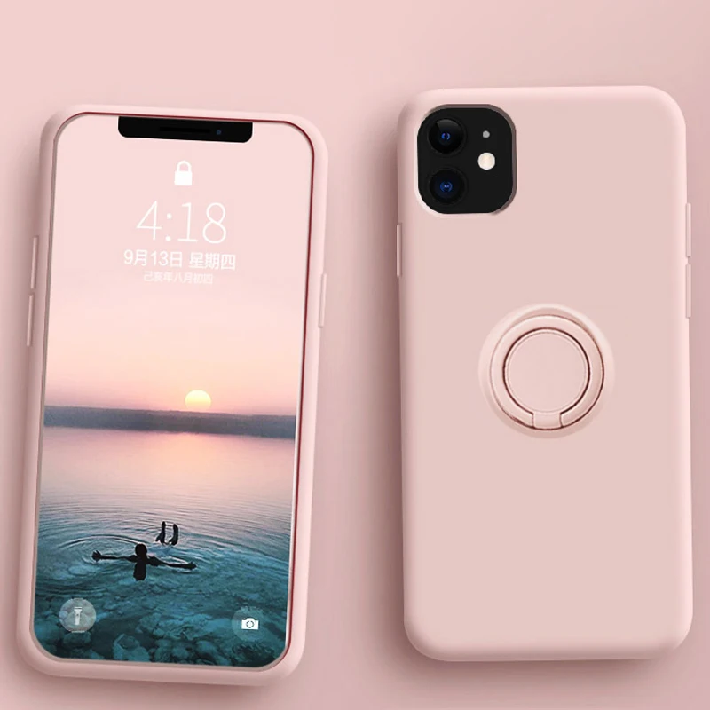 Однотонный чехол LOVECOM из жидкого силикона с кольцом для iPhone 12 Mini 11 Pro Max XR X XS 7 8 Plus