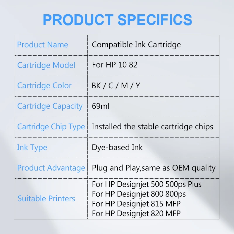 Replacement Ink Cartridge Compatible For HP Designjet 500 500ps 800 800ps 815MFP 820MFP Printer 10 82 for Printer Ink Cartridge
