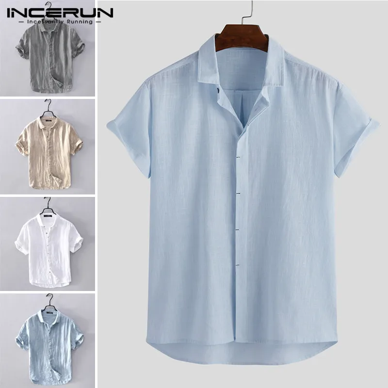 

INCERUN Men Shirt Cotton Solid Color Short Sleeve 2020 Button Streetwear Tops Lapel Camisa Casual Mens Brand Shirts Harajuku 5XL