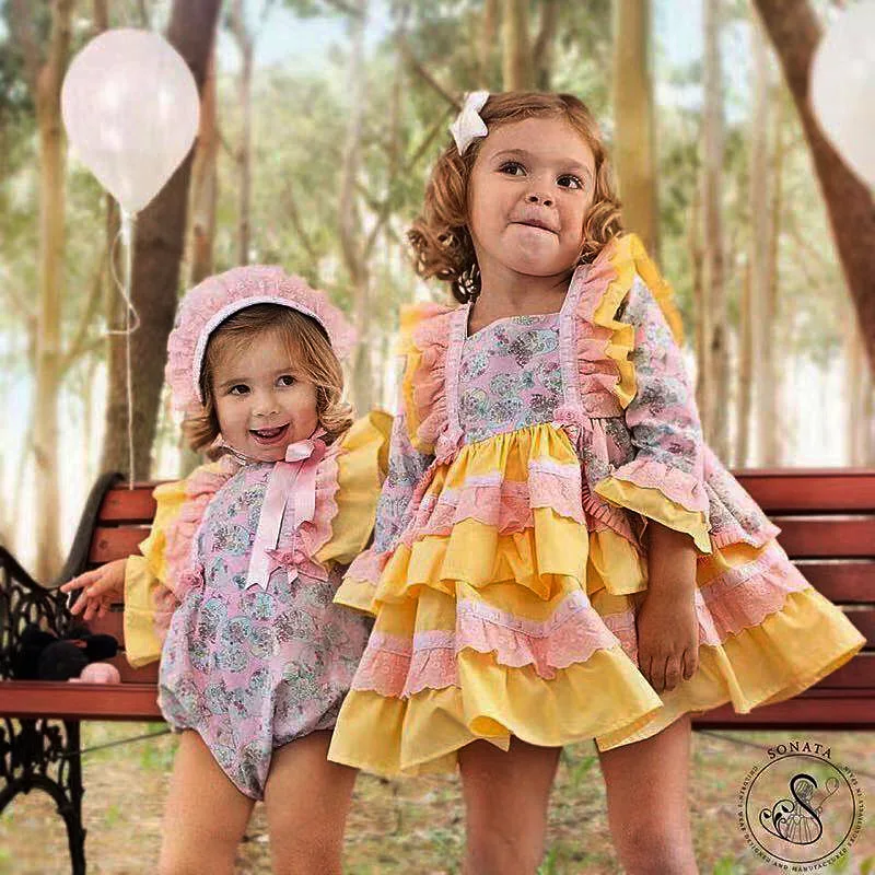 Розничная ; коллекция года; осенние кружевные платья для девочек в Испании; роскошное детское платье с цветочным принтом; Милая Рождественская одежда принцессы для малышей