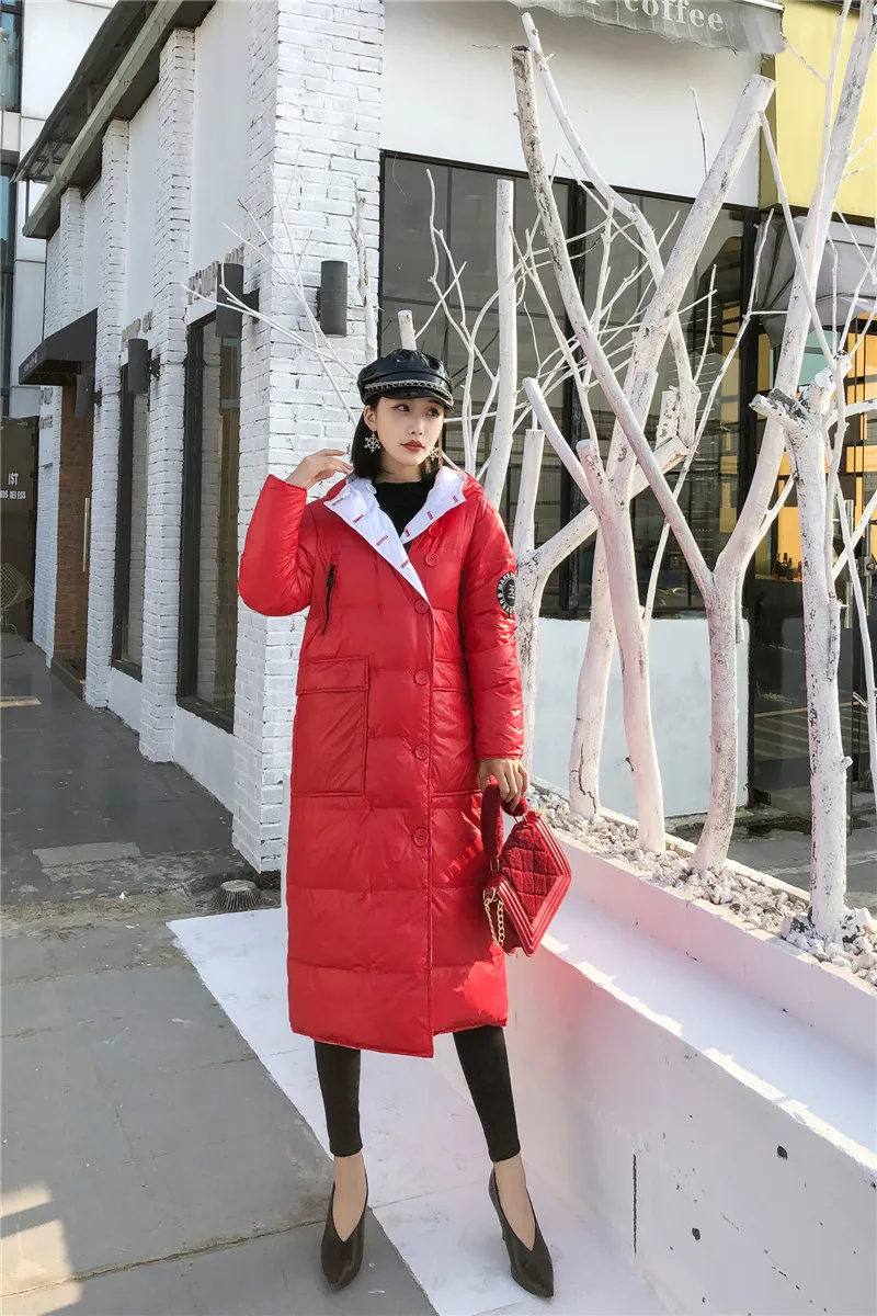 Европейский двухсторонний Зимний пуховик женский длинный жакет с капюшоном Женская мода с буквенным принтом Тонкое зимнее женское пальто 278