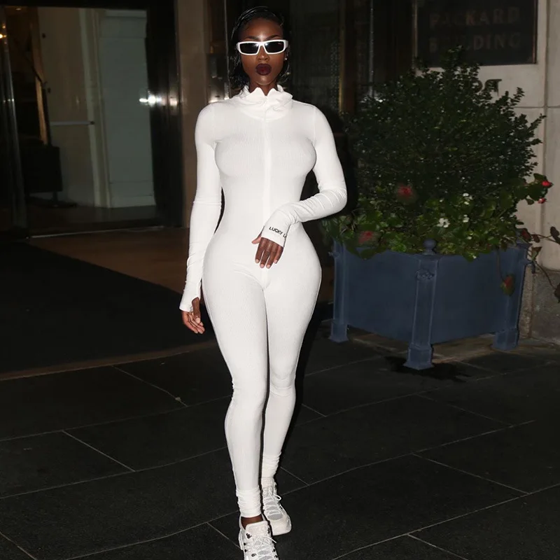 

2020 Spring Fashion Embroidery Letters Printing Long Sleeves Zipper Jumpsuit High Neck Skinny Women Rompers P1735515