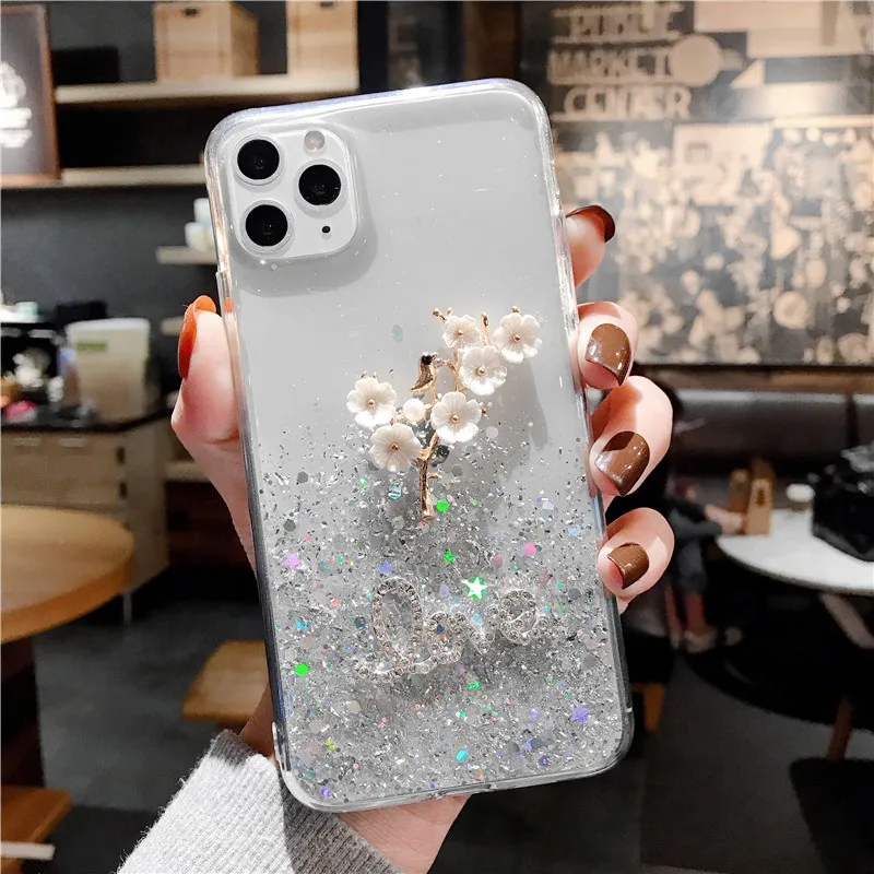 Funda de silicona brillante para iPhone, funda trasera transparente de TPU con lentejuelas brillantes para iPhone 11 Pro XS X XR Max 6 6S 7 8 12 Plus SE 2020
