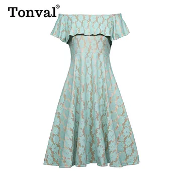 

Tonval Women Turquoise Sexy Off Shoulder Ruffle A Line Lace Dress Going Out Party Elegant Ladies High Waist Dresses