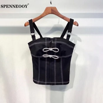 

SPENNEOOY Designer Custom Runway Summer Female Black Stretchy Denim Camis Tops Women Luxurious Diamonds Bow Streetwear Tops