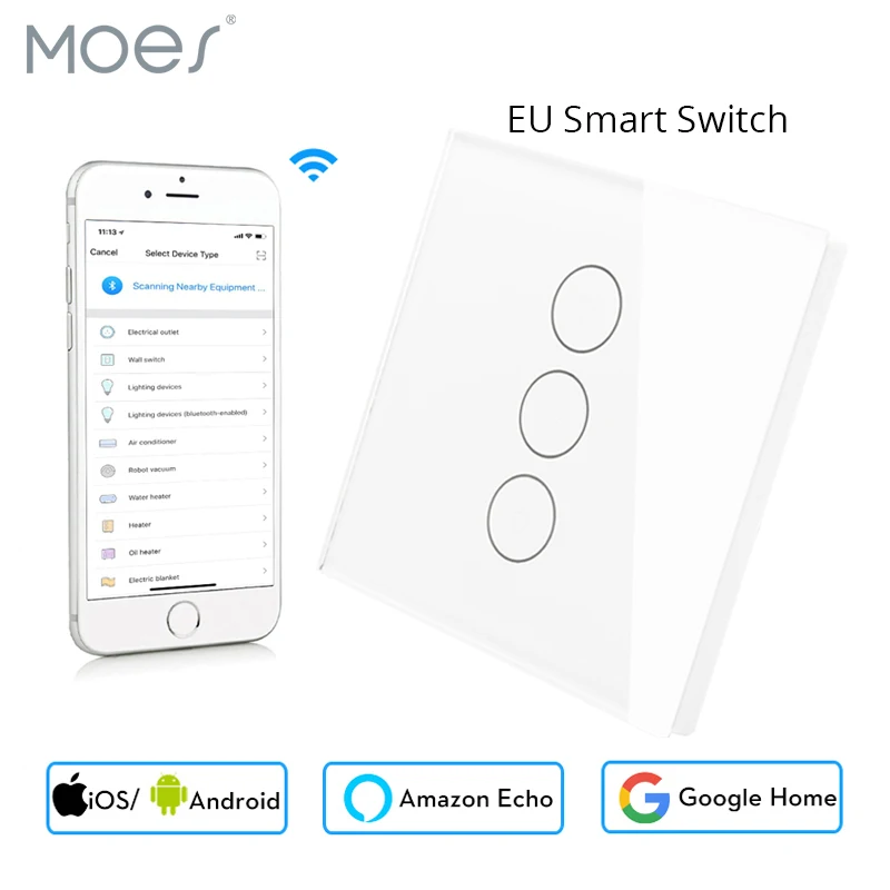 

Mini Wifi Smart Wall Touch Switch EU Power Mobile APP Remote Control Works with Amazon Alexa Google Home 3 Gang No Hub Required