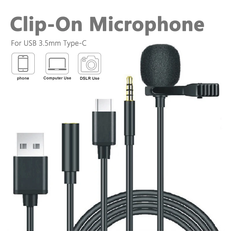 USB Mini Microphone For PC Laptops Type C Lapel Clip-on Microphone For Smart phone 3.5mm Professional Micro Mic For DSLR Camera