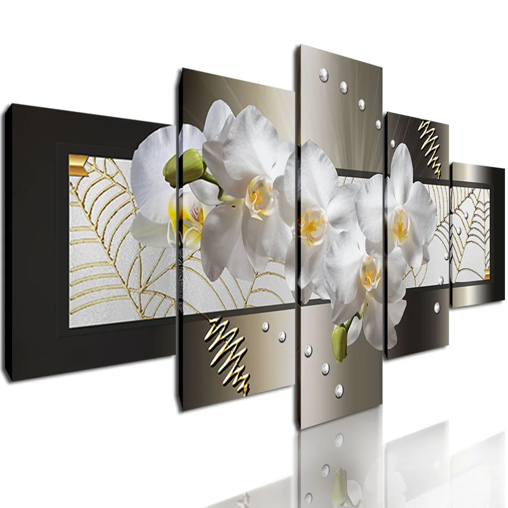 

Abstract Canvas Wall Art Painting Modern White Flower Stretched and Framed Wall Picture for Living Room Bedroom Decor 5 Panel