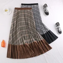 Кофейная, черная, гибкая, эластичная, эластичная, высокая талия, миди, плиссированная, в клетку, теплая, шерстяная, бархатная юбка для женщин, женские юбки, saias