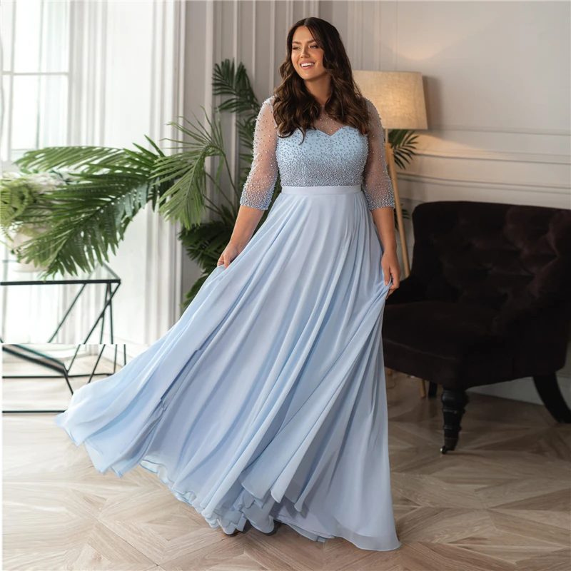 Vestidos de novia azul cielo, 3/4 talla grande, manga larga, perlas, línea A, vestido Formal de noche, vestidos de graduación para la madre de la novia| - AliExpress