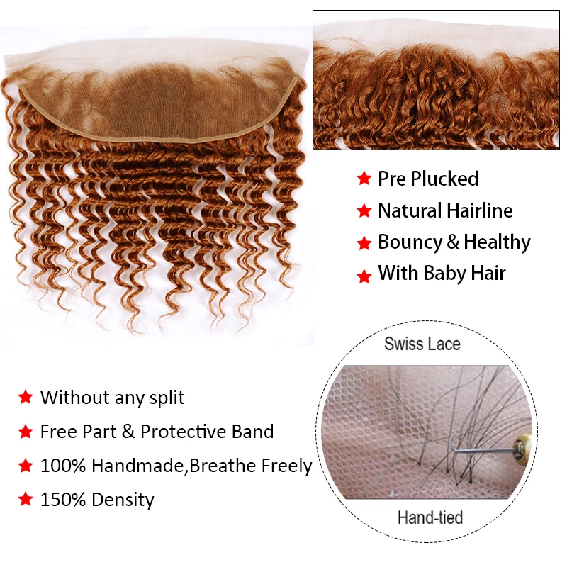 Brazilian Deep Wave Bundles With Frontal Colored Bundles With 13*4 Lace Closure Blonde Human Hair Bundles Middle Ration Non-Remy