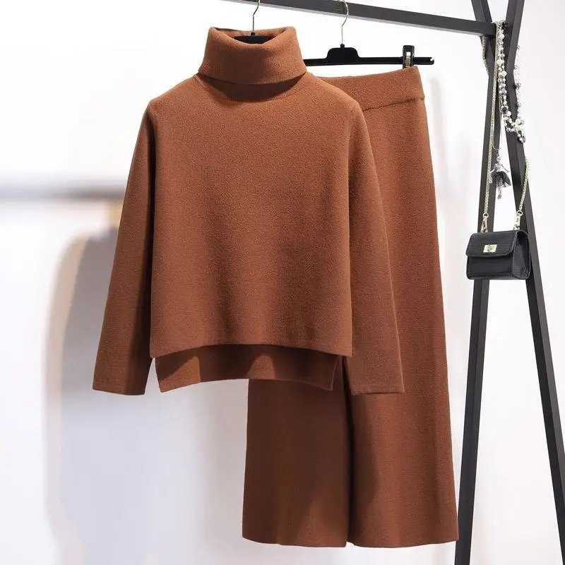 

2 Pieces Sets Women Turtleneck sweatshirts Pullovers Wide Leg Warm Pants Lady Pant Suits