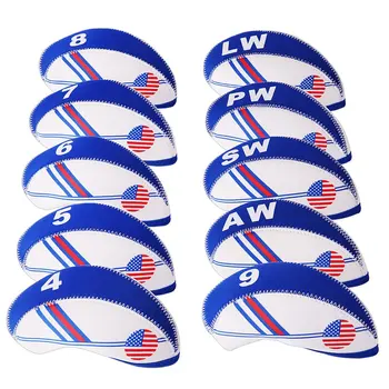 

10pcs Neoprene Golf Club Iron Head Cover Set White With Blue US Flag Headcovers One size Fit All Irons Clubs Golf Accessories